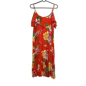 Old Navy Cold Shoulder Midi Dress Size L Orange Floral Print Ruffle Adjustable